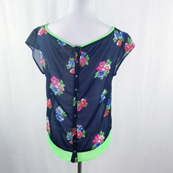 Hollister button back navy blue floral lightweight semi sheer top - Picture 3 of 8